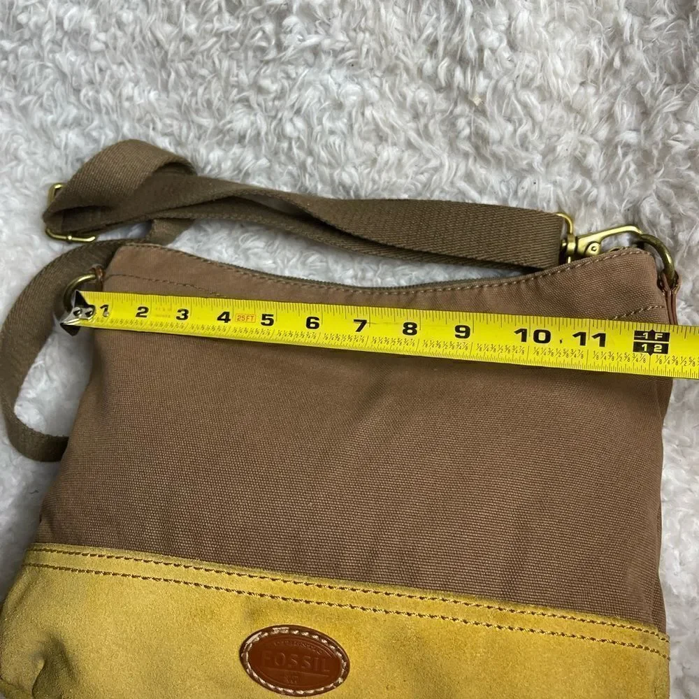 Fossil Brown canvas and yellow mustard suede medium shoulder/crossbody bag .